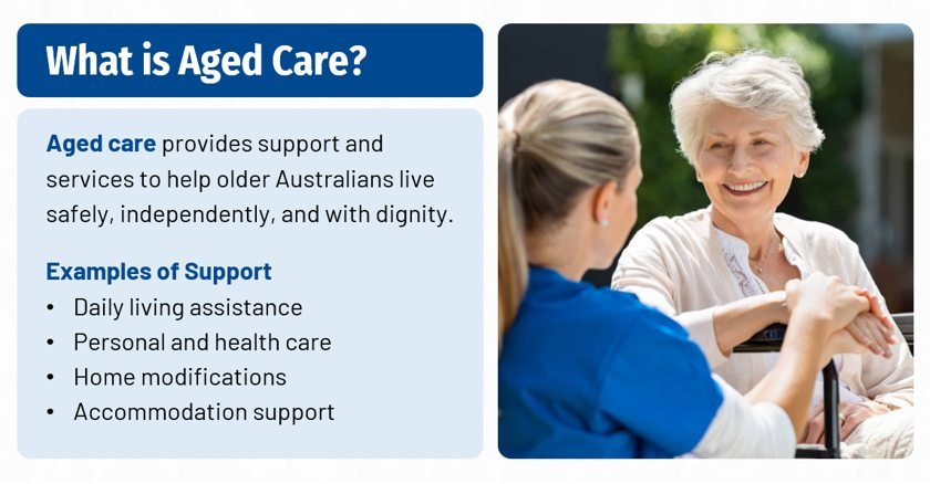 AU Aged Care 101 training slide titled What is Aged Care? beside a photo of a carer holding an older woman's hands