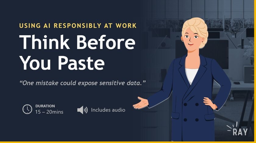 Title screen of the Using AI Responsibly at Work course: Think Before You Paste, with an animated presenter